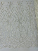 Wedding Beaded Fabric - Ivory - Embroidered Fancy Fashion Pattern Fabric Sold By Yard