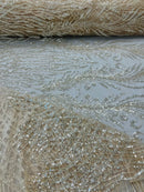 Beaded Embroidered Fabric - Clear - Embroidered Heart and Feather Pattern Fabric Sold By Yard