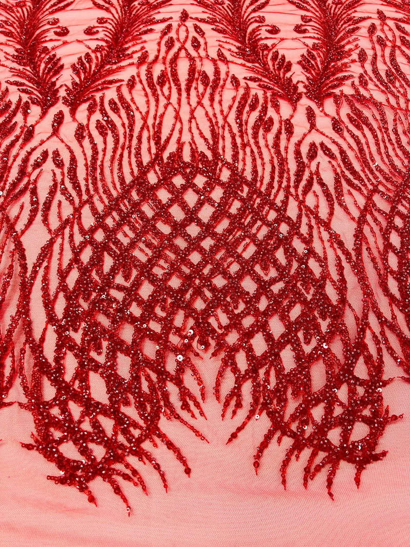 Beaded Embroidered Fabric - Red - Embroidered Heart and Feather Pattern Fabric Sold By Yard