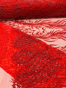 Beaded Embroidered Fabric - Red - Embroidered Heart and Feather Pattern Fabric Sold By Yard