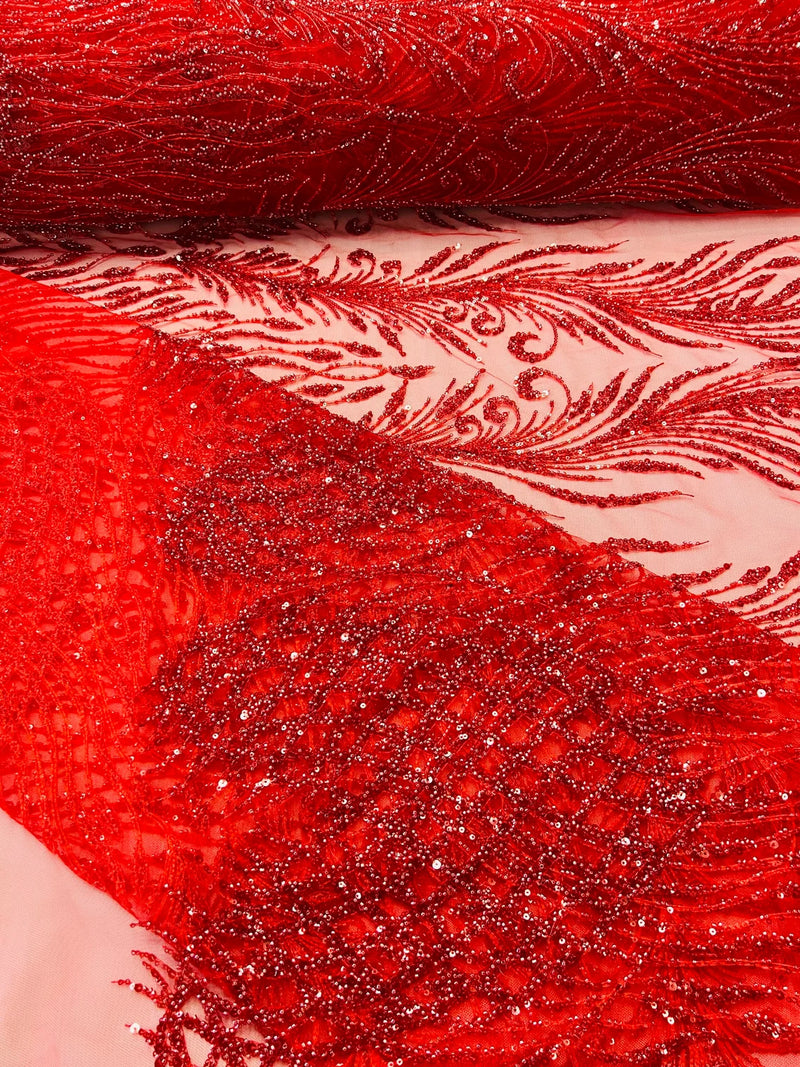 Beaded Embroidered Fabric - Red - Embroidered Heart and Feather Pattern Fabric Sold By Yard