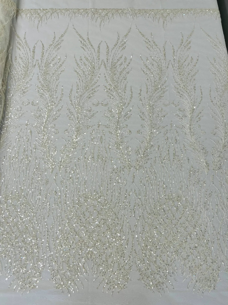 Beaded Embroidered Fabric - Ivory- Embroidered Heart and Feather Pattern Fabric Sold By Yard