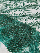 Beaded Embroidered Fabric - Hunter Green - Embroidered Heart and Feather Pattern Fabric Sold By Yard