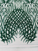 Beaded Embroidered Fabric - Hunter Green - Embroidered Heart and Feather Pattern Fabric Sold By Yard