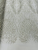 Beaded Embroidered Fabric - Silver - Embroidered Heart and Feather Pattern Fabric Sold By Yard