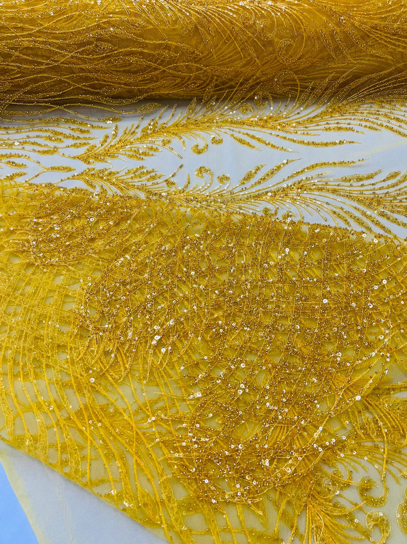 Beaded Embroidered Fabric - Dark Yellow - Embroidered Heart and Feather Pattern Fabric Sold By Yard