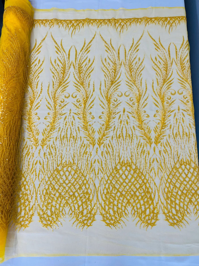 Beaded Embroidered Fabric - Dark Yellow - Embroidered Heart and Feather Pattern Fabric Sold By Yard