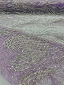 Beaded Embroidered Fabric - Lilac - Embroidered Heart and Feather Pattern Fabric Sold By Yard