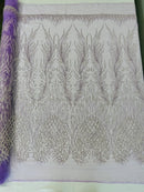Beaded Embroidered Fabric - Lilac - Embroidered Heart and Feather Pattern Fabric Sold By Yard