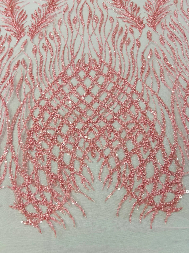 Beaded Embroidered Fabric - Candy Pink - Embroidered Heart and Feather Pattern Fabric Sold By Yard