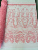 Beaded Embroidered Fabric - Candy Pink - Embroidered Heart and Feather Pattern Fabric Sold By Yard