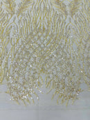 Beaded Embroidered Fabric - Yellow - Embroidered Heart and Feather Pattern Fabric Sold By Yard