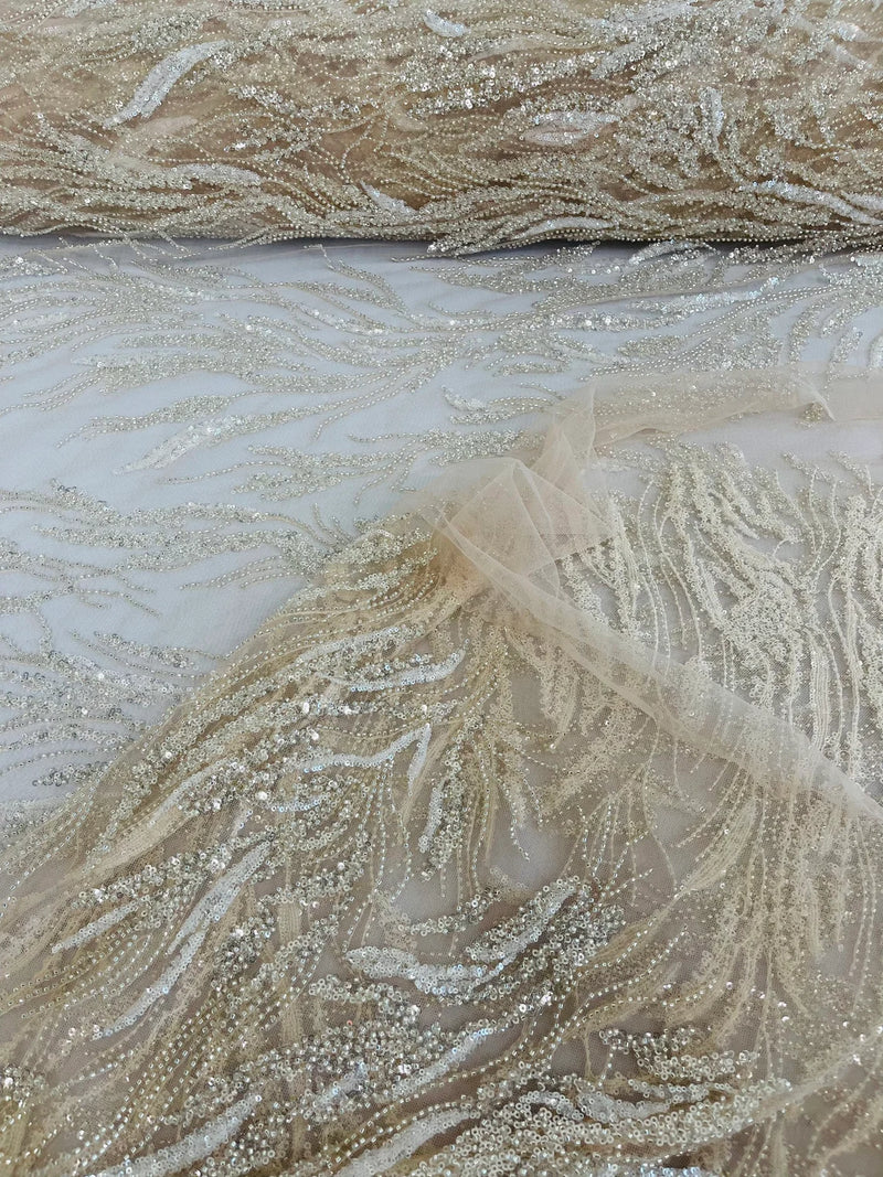 Beaded Wavy Plant Lines Fabric - Nude - Embroidered Wedding Bridal Fabric Sold By The Yard