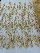 Beaded Wavy Plant Lines Fabric - Gold - Embroidered Wedding Bridal Fabric Sold By The Yard