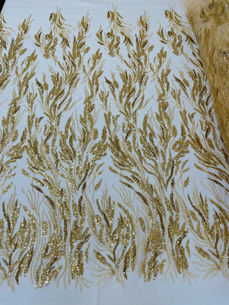 Beaded Wavy Plant Lines Fabric - Gold - Embroidered Wedding Bridal Fabric Sold By The Yard