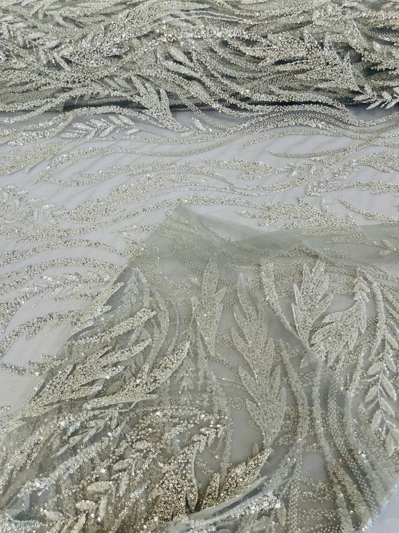 Wavy Lines with Leaf Pattern Beads Fabric - Silver - Embroidered Beaded Wedding Bridal Fabric By The Yard