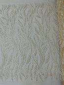 Wavy Lines with Leaf Pattern Beads Fabric - Nude - Embroidered Beaded Wedding Bridal Fabric By The Yard