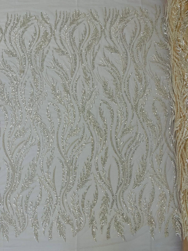 Wavy Lines with Leaf Pattern Beads Fabric - Nude - Embroidered Beaded Wedding Bridal Fabric By The Yard