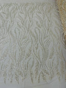 Wavy Lines with Leaf Pattern Beads Fabric - Nude - Embroidered Beaded Wedding Bridal Fabric By The Yard