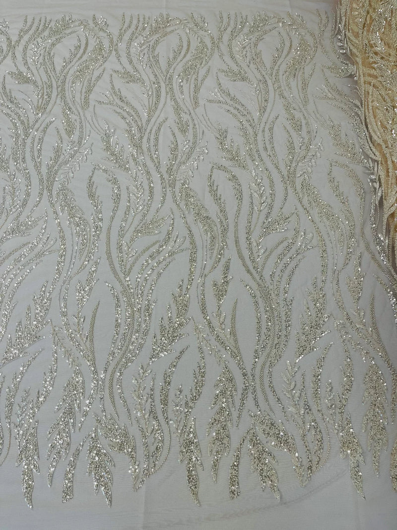 Wavy Lines with Leaf Pattern Beads Fabric - Nude - Embroidered Beaded Wedding Bridal Fabric By The Yard