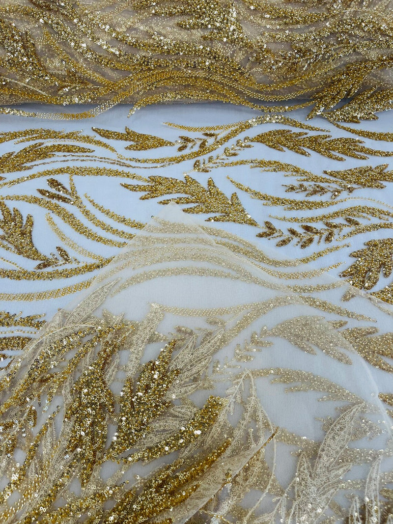 Wavy Lines with Leaf Pattern Beads Fabric - Gold - Embroidered Beaded Wedding Bridal Fabric By The Yard