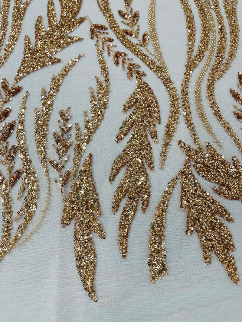 Wavy Lines with Leaf Pattern Beads Fabric - Rose Gold - Embroidered Beaded Wedding Bridal Fabric By The Yard