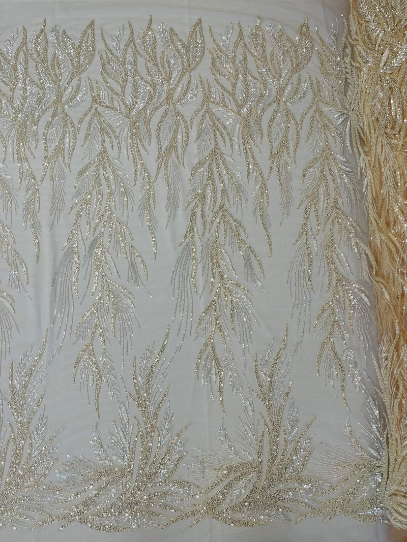 Beaded Leaf Pattern Fabric - Nude - Embroidered Beaded Wedding Bridal Fabric Sold By The Yard