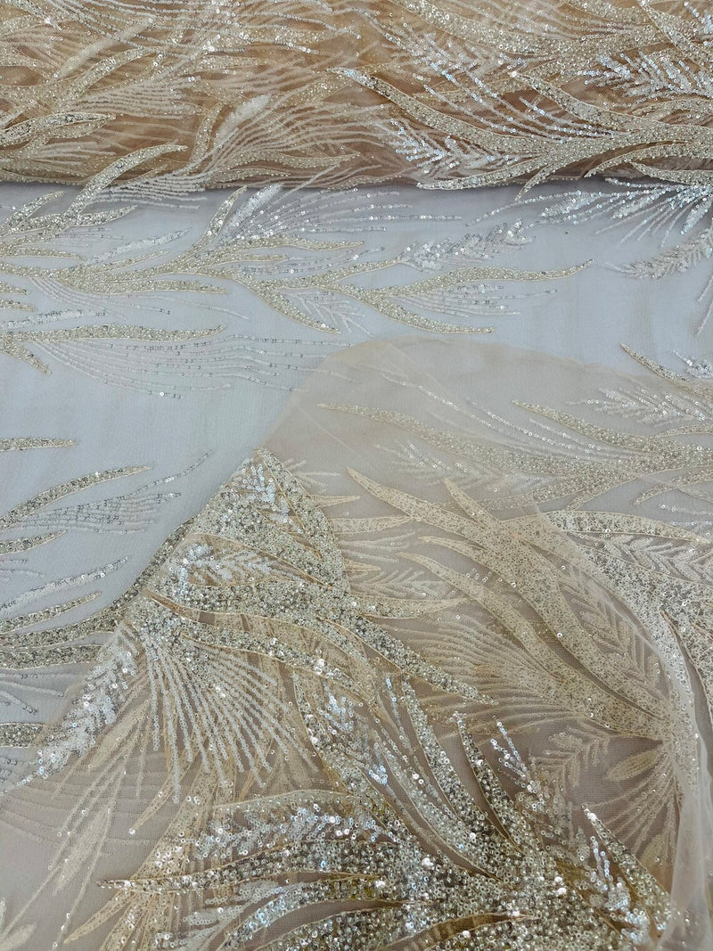 Beaded Leaf Pattern Fabric - Nude - Embroidered Beaded Wedding Bridal Fabric Sold By The Yard