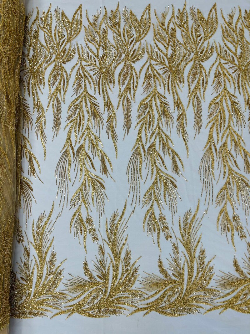 Beaded Leaf Pattern Fabric - Gold - Embroidered Beaded Wedding Bridal Fabric Sold By The Yard