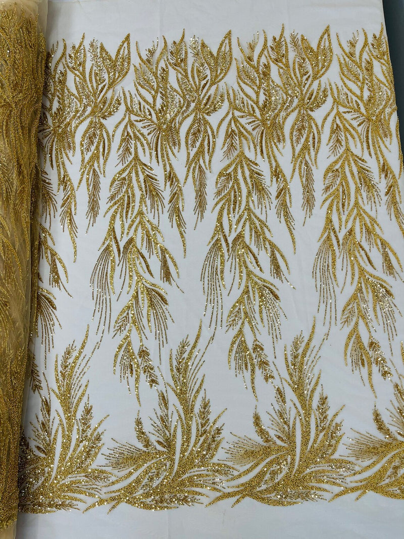 Beaded Leaf Pattern Fabric - Gold - Embroidered Beaded Wedding Bridal Fabric Sold By The Yard