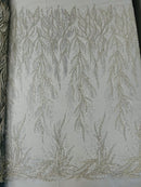 Beaded Leaf Pattern Fabric - Silver - Embroidered Beaded Wedding Bridal Fabric Sold By The Yard