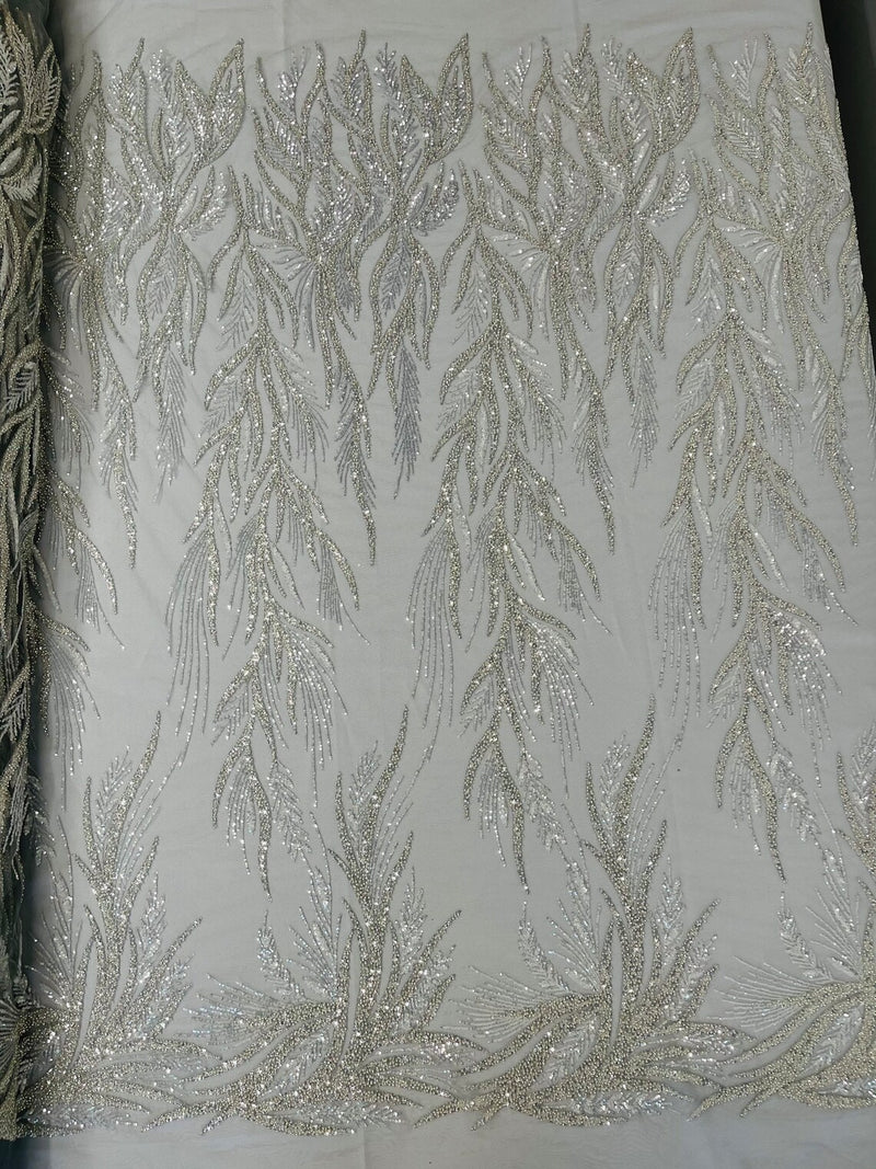 Beaded Leaf Pattern Fabric - Silver - Embroidered Beaded Wedding Bridal Fabric Sold By The Yard