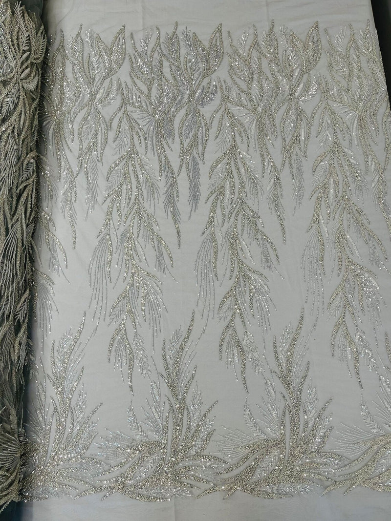 Beaded Leaf Pattern Fabric - Silver - Embroidered Beaded Wedding Bridal Fabric Sold By The Yard