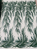 Beaded Leaf Pattern Fabric - Hunter Green - Embroidered Beaded Wedding Bridal Fabric Sold By The Yard