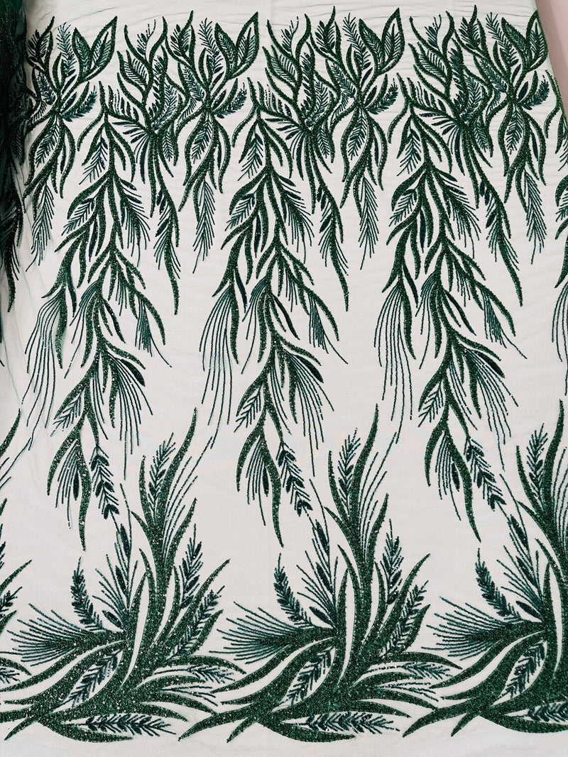 Beaded Leaf Pattern Fabric - Hunter Green - Embroidered Beaded Wedding Bridal Fabric Sold By The Yard