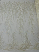Beaded Leaf Pattern Fabric - Off-White - Embroidered Beaded Wedding Bridal Fabric Sold By The Yard