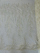 Beaded Leaf Pattern Fabric - Off-White - Embroidered Beaded Wedding Bridal Fabric Sold By The Yard