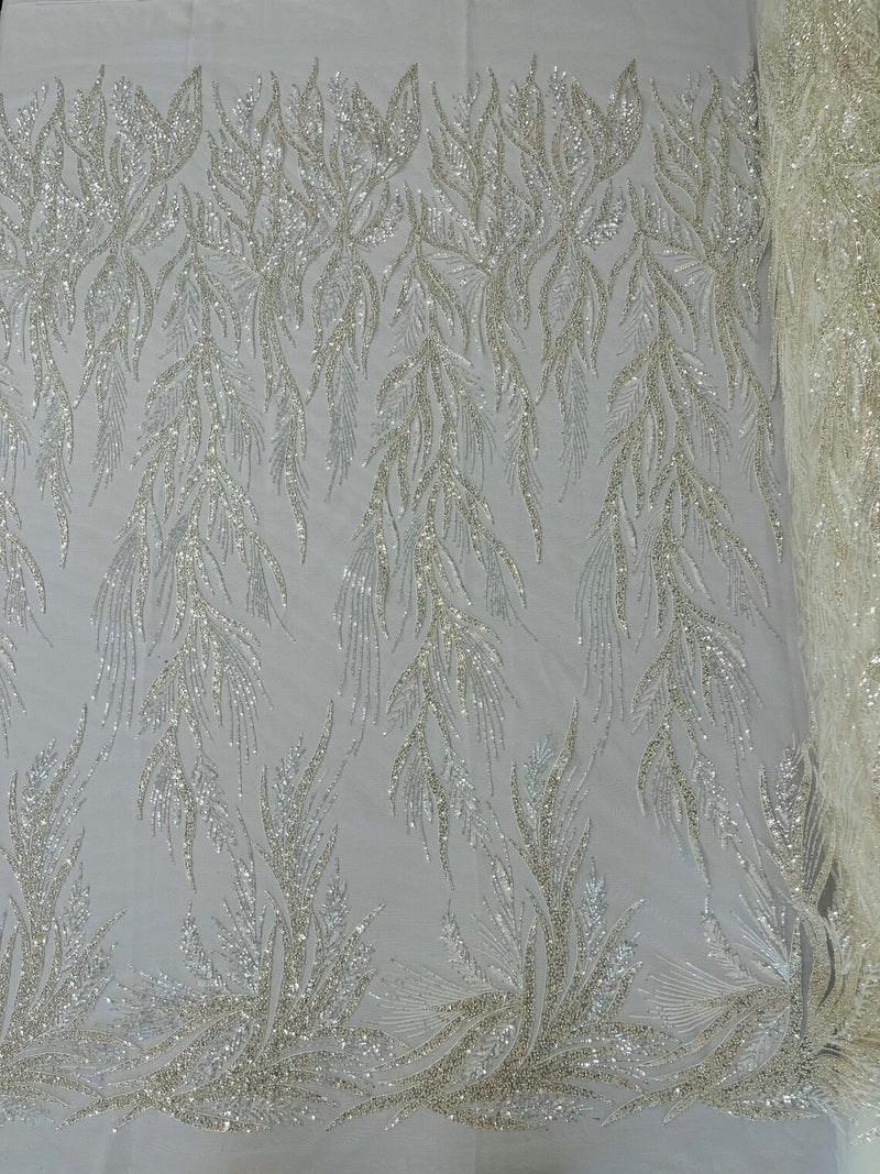 Beaded Leaf Pattern Fabric - Off-White - Embroidered Beaded Wedding Bridal Fabric Sold By The Yard