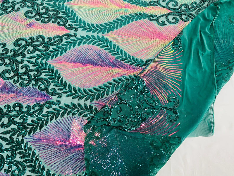 Two Tone Damask Fabric - Iridescent Rainbow / Hunter Green - 4 Way Stretch Sequins Prom Fabric on Mesh By Yard