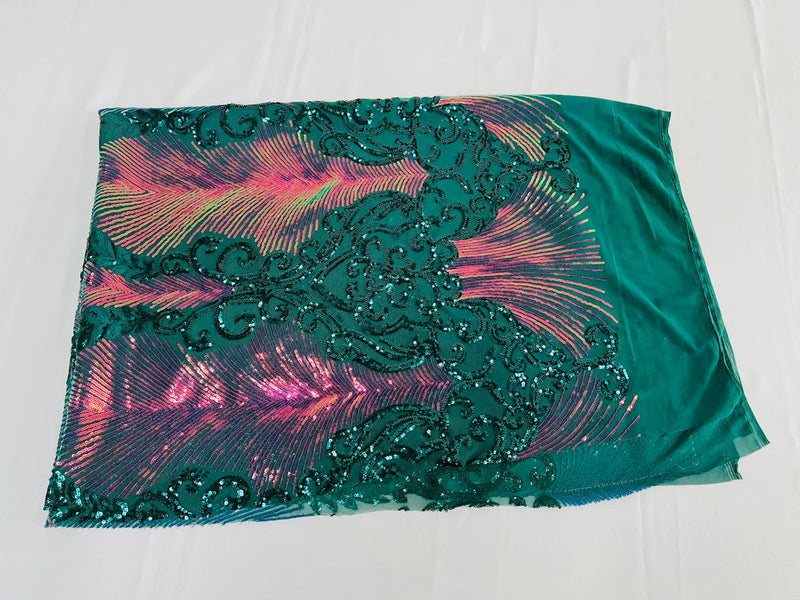 Two Tone Damask Fabric - Iridescent Rainbow / Hunter Green - 4 Way Stretch Sequins Prom Fabric on Mesh By Yard