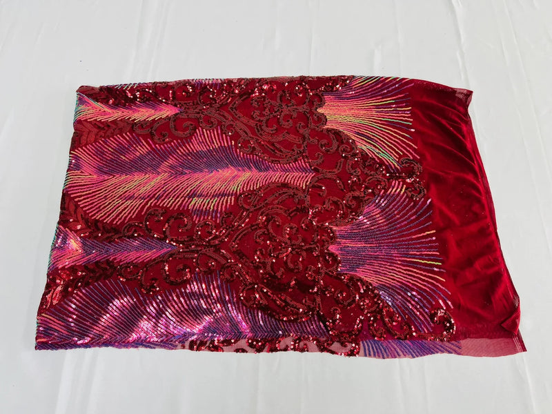 Two Tone Damask Fabric - Iridescent Rainbow / Burgundy - 4 Way Stretch Sequins Prom Fabric on Mesh By Yard