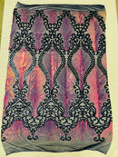 Two Tone Damask Fabric - Iridescent Rainbow / Navy Blue - 4 Way Stretch Sequins Prom Fabric on Mesh By Yard