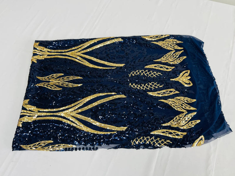 Two Tone Mermaid Fabric - Navy Blue / Gold - 4 Way Stretch Sequins Fabric on Mesh By Yard