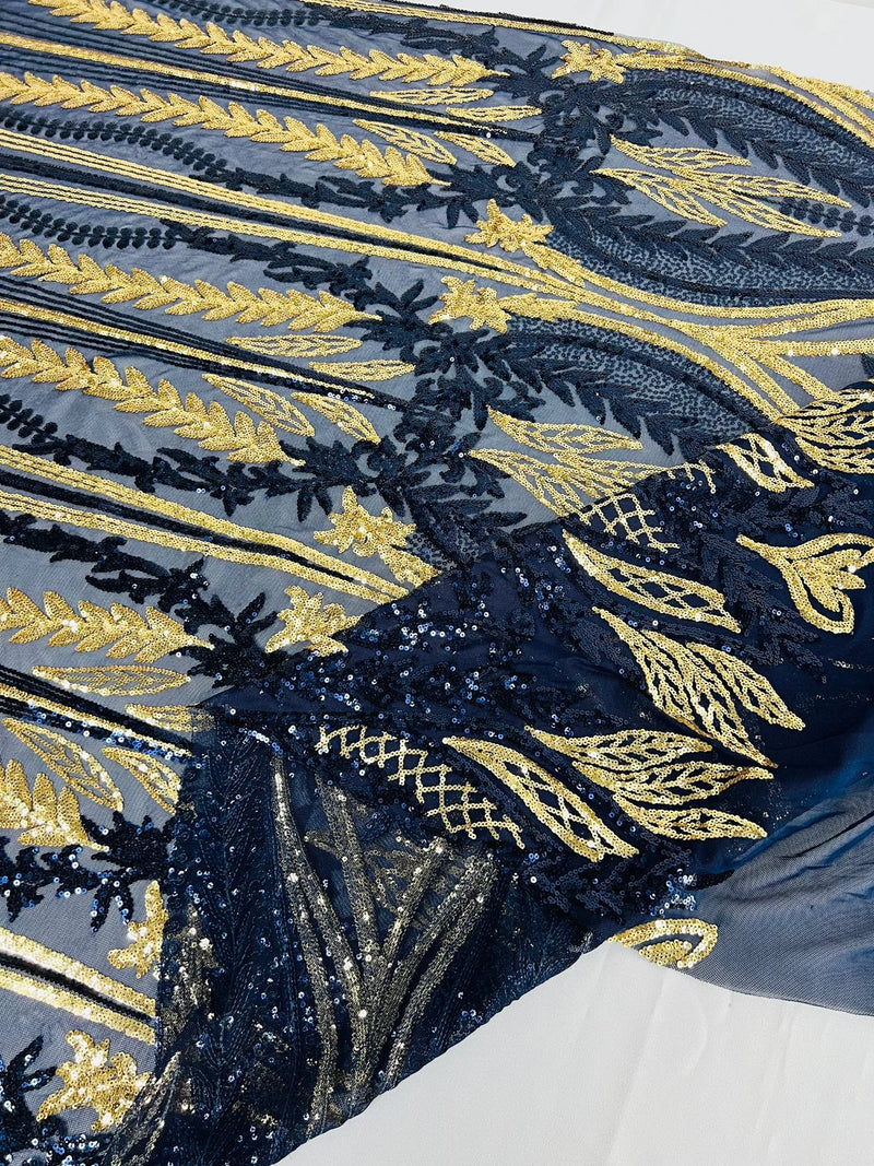 Two Tone Mermaid Fabric - Navy Blue / Gold - 4 Way Stretch Sequins Fabric on Mesh By Yard