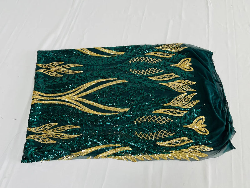 Two Tone Mermaid Fabric - Hunter Green / Gold - 4 Way Stretch Sequins Fabric on Mesh By Yard