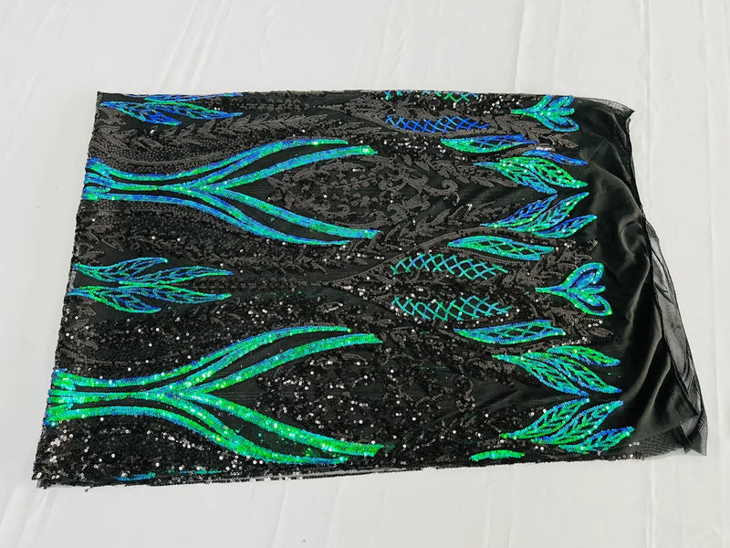 Two Tone Mermaid Fabric - Black/Green Iridescent - 4 Way Stretch Sequins Fabric on Mesh By Yard