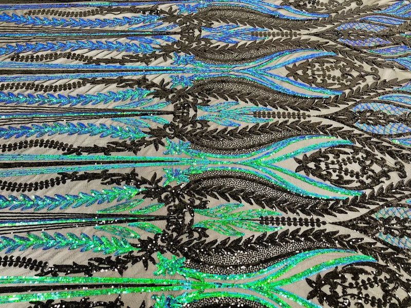 Two Tone Mermaid Fabric - Black/Green Iridescent - 4 Way Stretch Sequins Fabric on Mesh By Yard