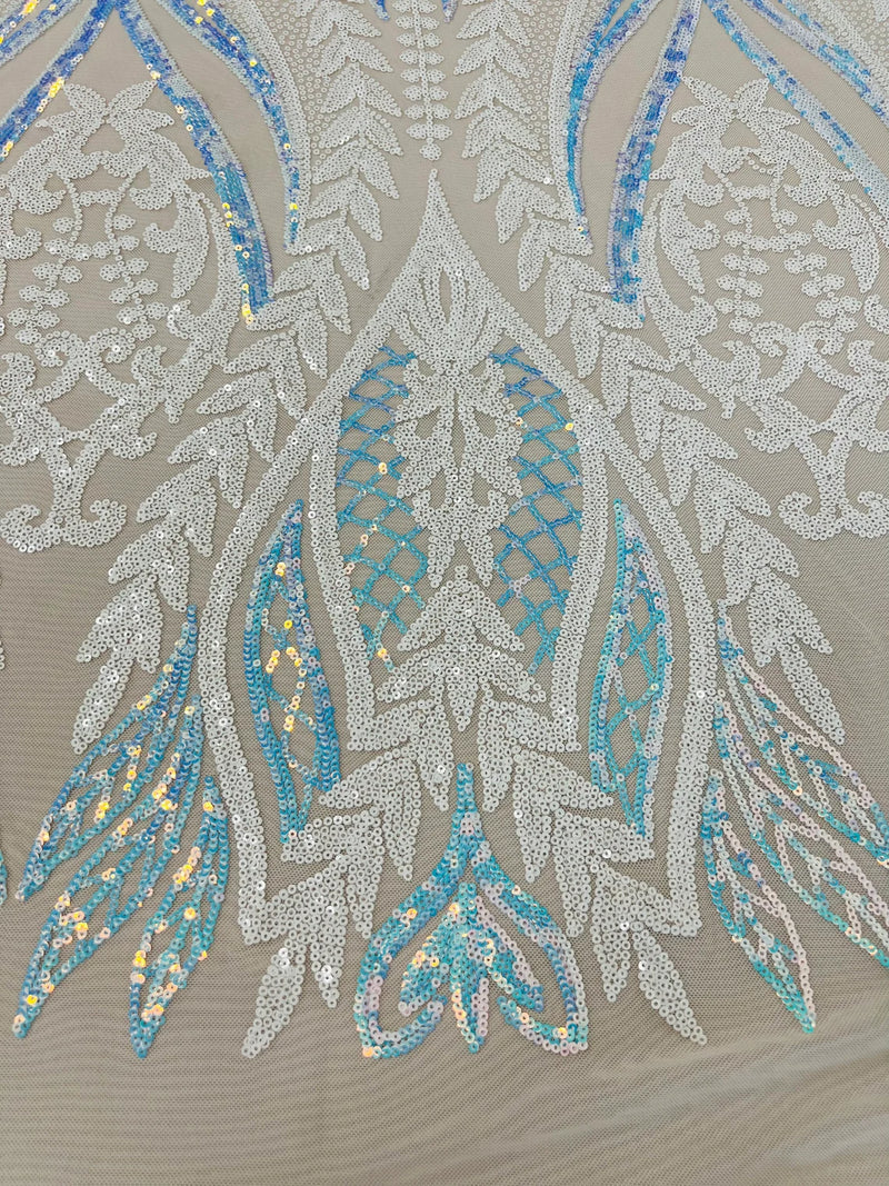 Two Tone Mermaid Fabric - White/Blue Iridescent - 4 Way Stretch Sequins Fabric on Mesh By Yard