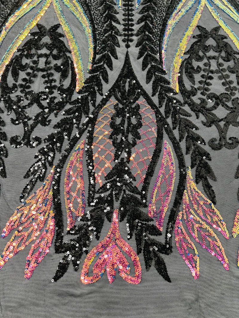 Two Tone Mermaid Fabric - Black/Rainbow Iridescent - 4 Way Stretch Sequins Fabric on Mesh By Yard