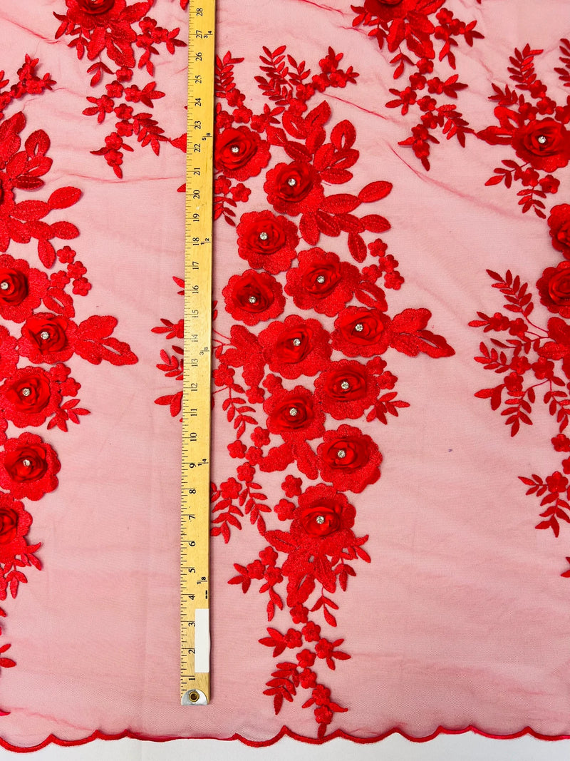 3D Rose Cluster Rhinestone - Red - Embroidered 3D Floral Rose Design Fabric Sold by Yard